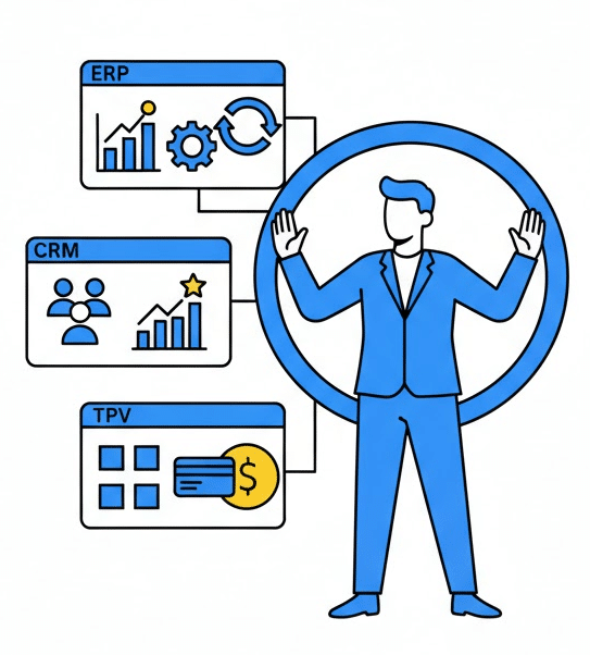 Ilustración de un gerente de pyme que centraliza la gestión de su negocio con los módulos de software ERP, CRM y TPV de NeoServix.