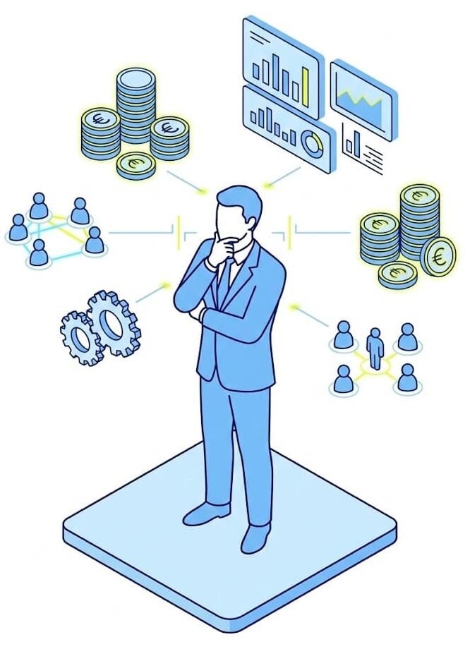 Ilustración isométrica de un gerente analizando las áreas críticas del negocio (finanzas, control de operaciones y equipo) para elegir un software ERP.
