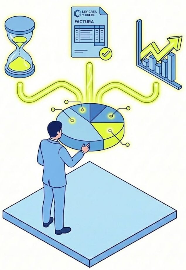 Gerente analizando rentabilidad en un gráfico circular con flujos hacia iconos de tiempo, factura electrónica y beneficios en amarillo neón.