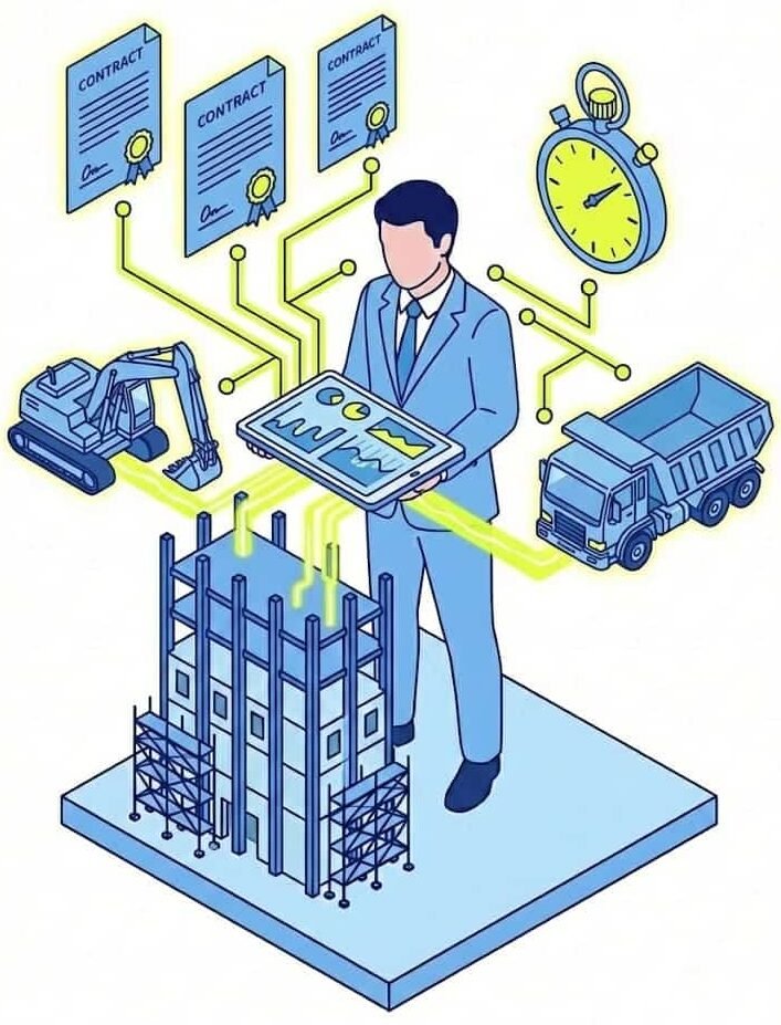 Gerente optimizando la rentabilidad de su flota de maquinaria de alquiler mediante un software especializado y control de contratos.