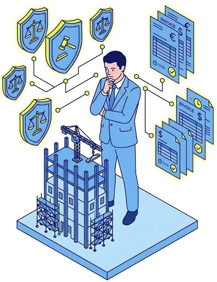 Gerente de constructora gestionando el cumplimiento legal y la facturación de una obra mediante un software ERP especializado.