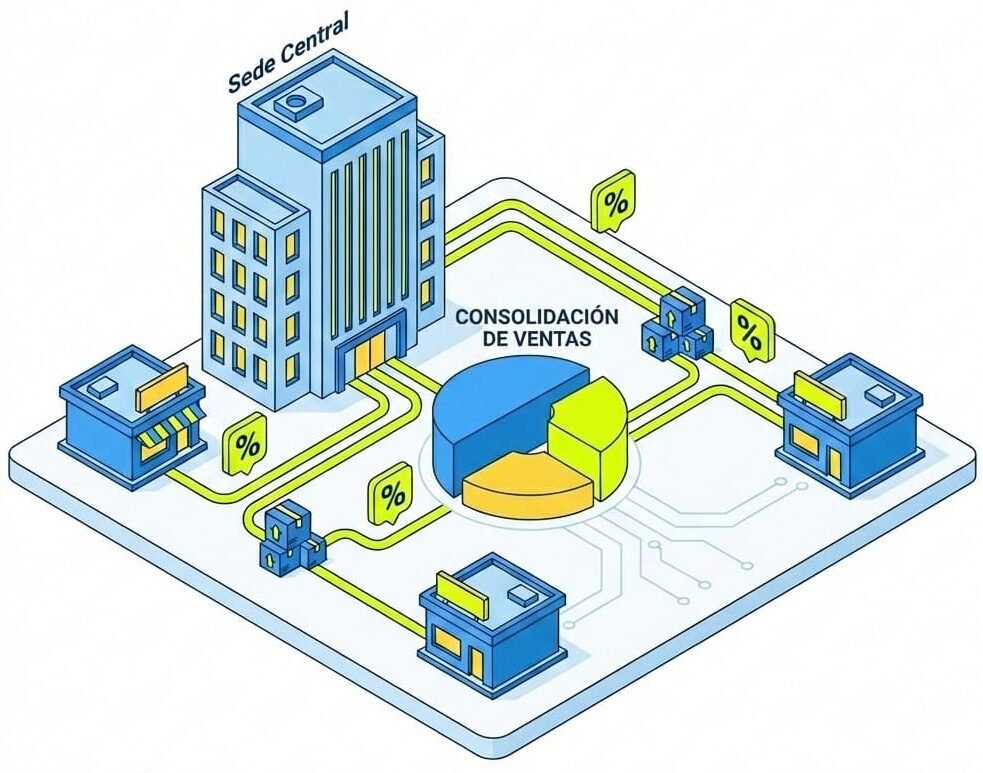 Central de franquicias controlando stock y ventas de múltiples tiendas con software ERP especializado.