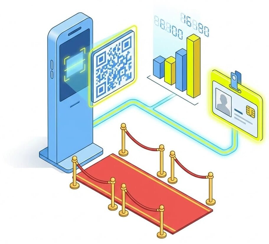 Organizador escaneando código QR de acreditación en un evento con software de gestión en tablet.