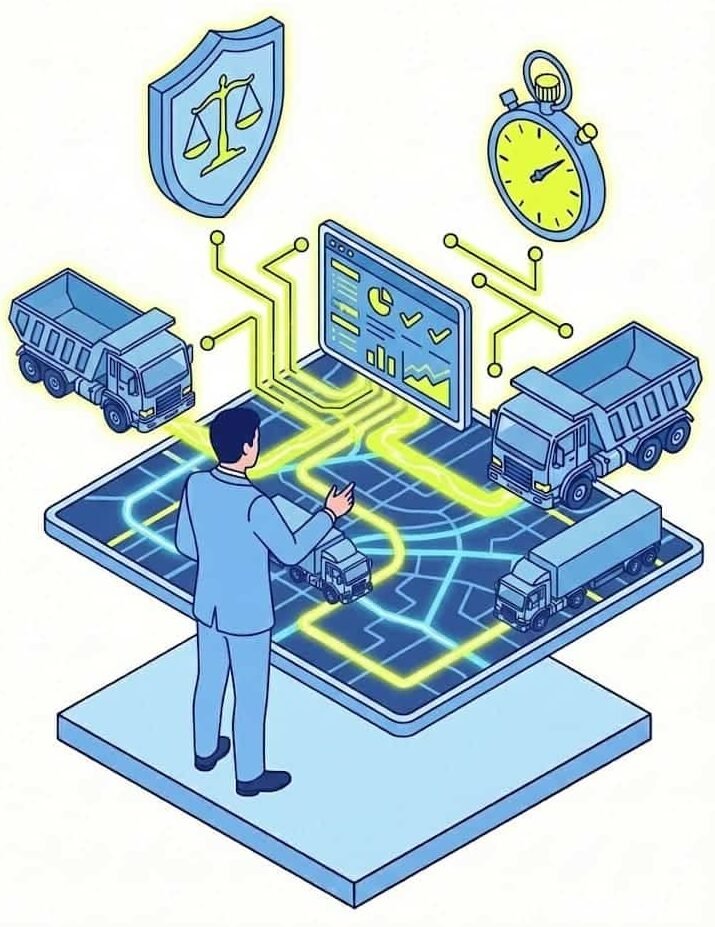 Gerente optimizando rutas y logística de transporte con un software especializado que cumple con la normativa legal.