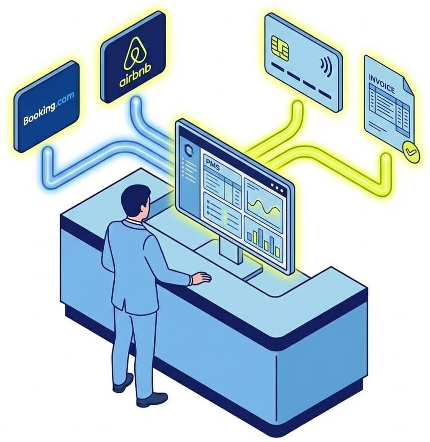 Gerente gestionando reservas y evitando overbooking con software PMS hotelero conectado a canales de venta.